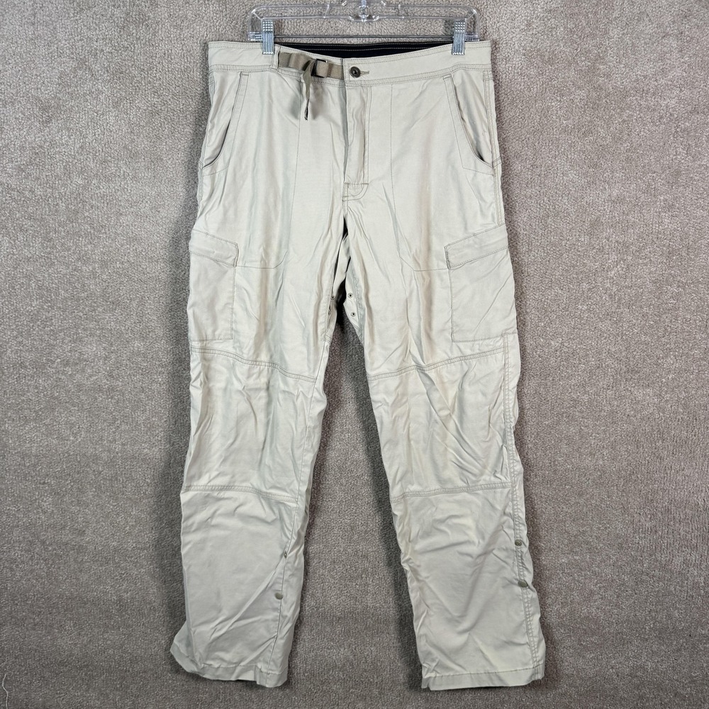 PrAna Cargo Pants Mens Medium 35x31 Beige Adjustable Waist Hiking Outdoor Travel
